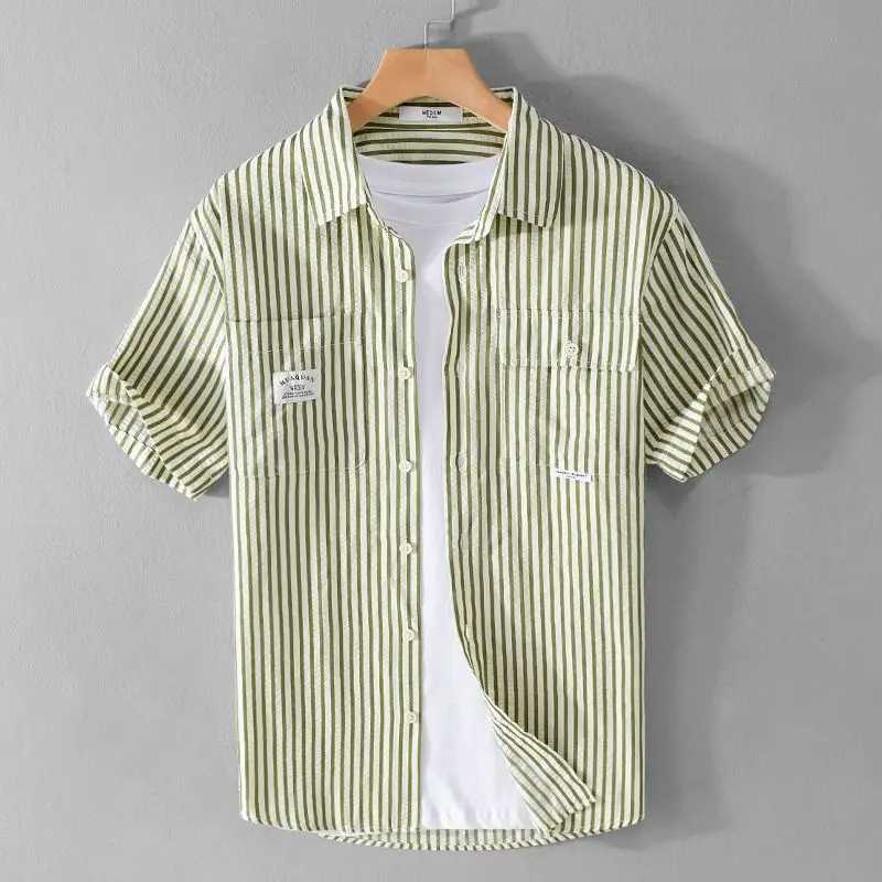 Summer Striped Double Pocket Short-sleeved Mens Chic Shirt Loose Bubble Texture Simple and Versatile Young Retro Mens Shirt M260305