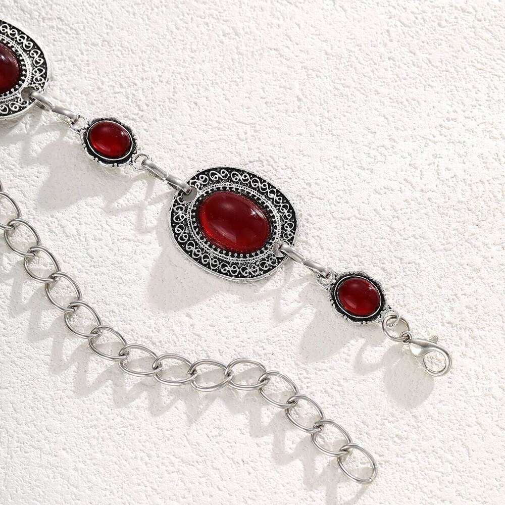 Fashion Oval Wine Red Crystal Metal Waist for Women Retro Exquisite Silver Color Belt Chain French Style Body Jewelry Gift S260304