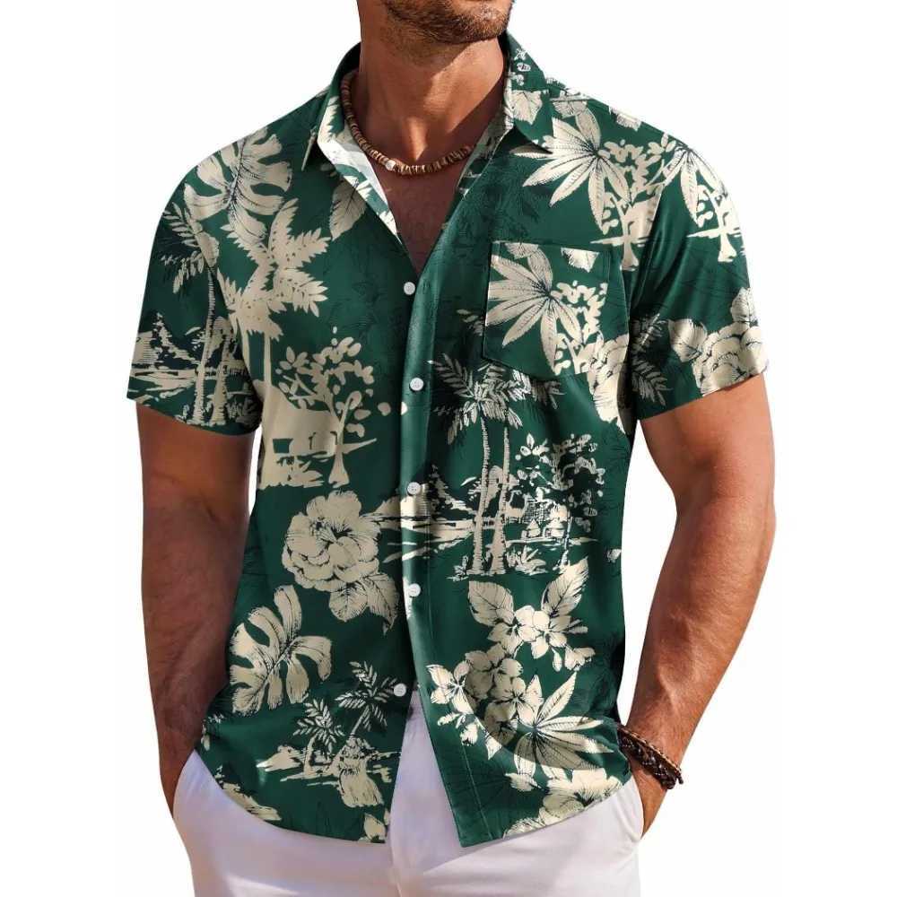 Mens Short Sleeve Shirt Hawaiian Botanical Flower Print Lapel Seaside Button-Down Shirt Top Casual Fashionable Shirts a65 M260305