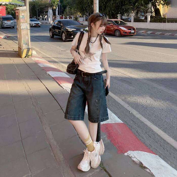 New American Loose Denim Shorts Spring Summer. Fashionable and Versatile Casual Straight-leg Mid-length Jeans for Ladies XJ260305