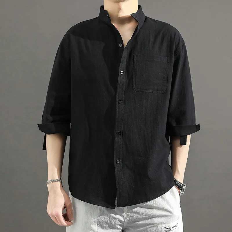 New Summer Linen Shirt for Men Seven-quarter Sleeve Loose Casual Stand Collar Cotton Linen Trendy Shirt M260305