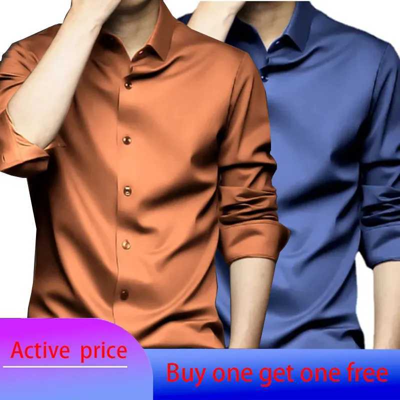 6XL Mens dress black shirts long-sleeved Oversize wrinkle-proof non-ironed solid color business casual ice silk M260305