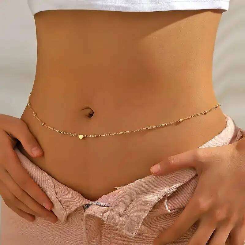 1Piece Girls Simple Heart Beaded Belly For Women Fashion Metal Beach Bikini Waist Chains Body Jewelry Accessories S260304