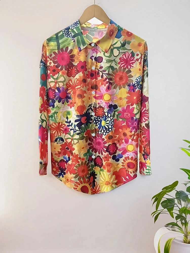 Plus Size Crushed Printed Button Casual Shirt Single Row Home Fashion Basic Versatile Tshirt 260228