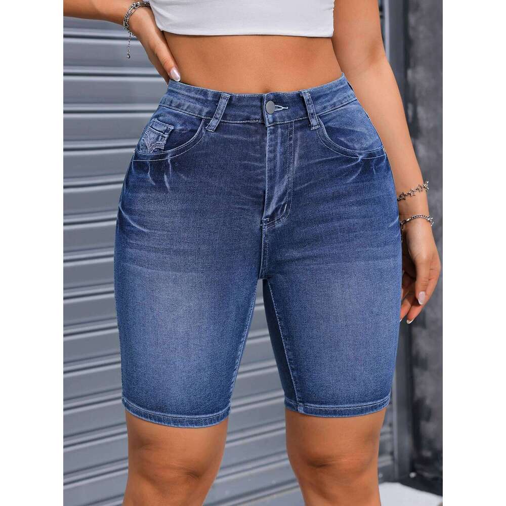 2025 Summer New High Stretch Slim Fit Denim For Women Fashion Embroidery Knee Length Skinny Jeans Shorts Casual Clothes XJ260305