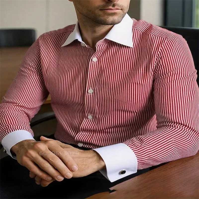 2025 Mens Retro Casual Striped Shirt Social Formal Contrast Color British Style Long Sleeve Shirt Fast Delivery M260305