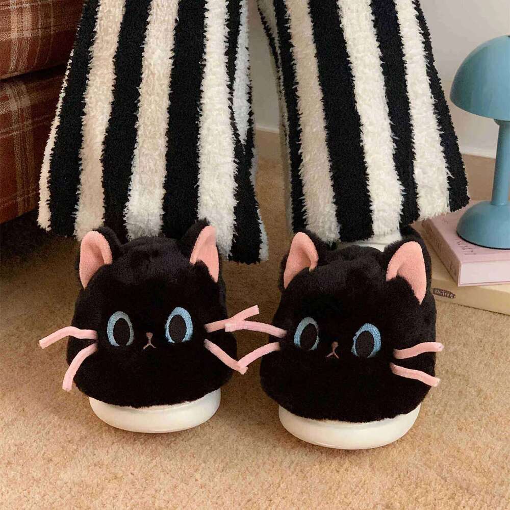 Women Indoor Fluffy Slippers Cute Cartoon Cat Girls Winter Warm House Shoes Soft Faux Fur Thick Sole Female Home Cotton Slides