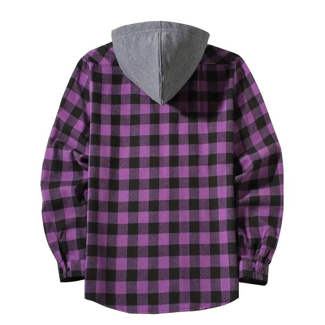 Mens Shirts Classic Plaid Casual Button Down Hooded Long Sleeved Double Pockets Shirt Hoodie Flannel Jacket Spring Autumn Tops M260305