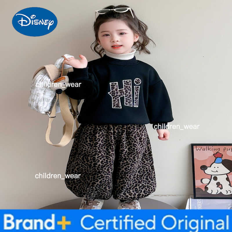 Disney Girl Clothes Sets Autumn Kid Sweatshirts Pullover Letter Top Leopard Print Pants 2pcs Suit Children Sweet Tracksuits Outfits H260305