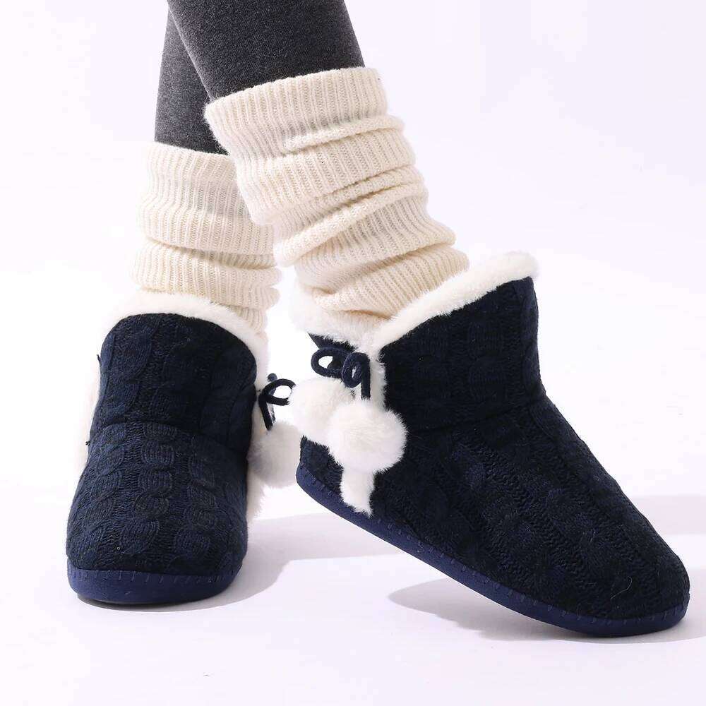 KIdmi Fuzzy Winter Women Knitted Ankle Slippers Warm House Cotton Shoes Outdoor Indoor Plush Lining Boots