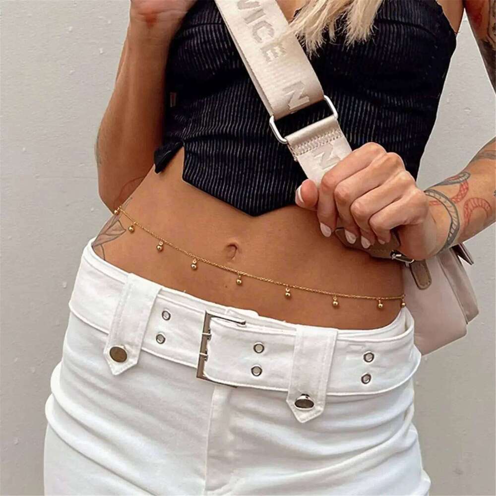 Women's Minimalist Bare New Metal Round Bead Waist Water Droplet Fringe Body Chain Sexy Bikini Accessory S260304