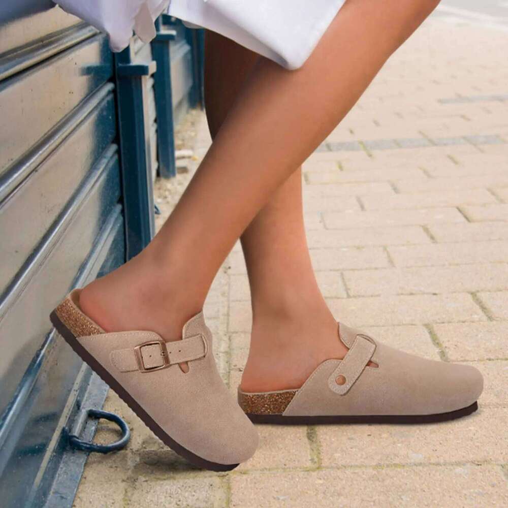 Kidmi Trendy Clogs For Women Slippers Suede Mules Men Cork Footbed Home Sandals with Arch Support Fashion Leather Potato Shoes