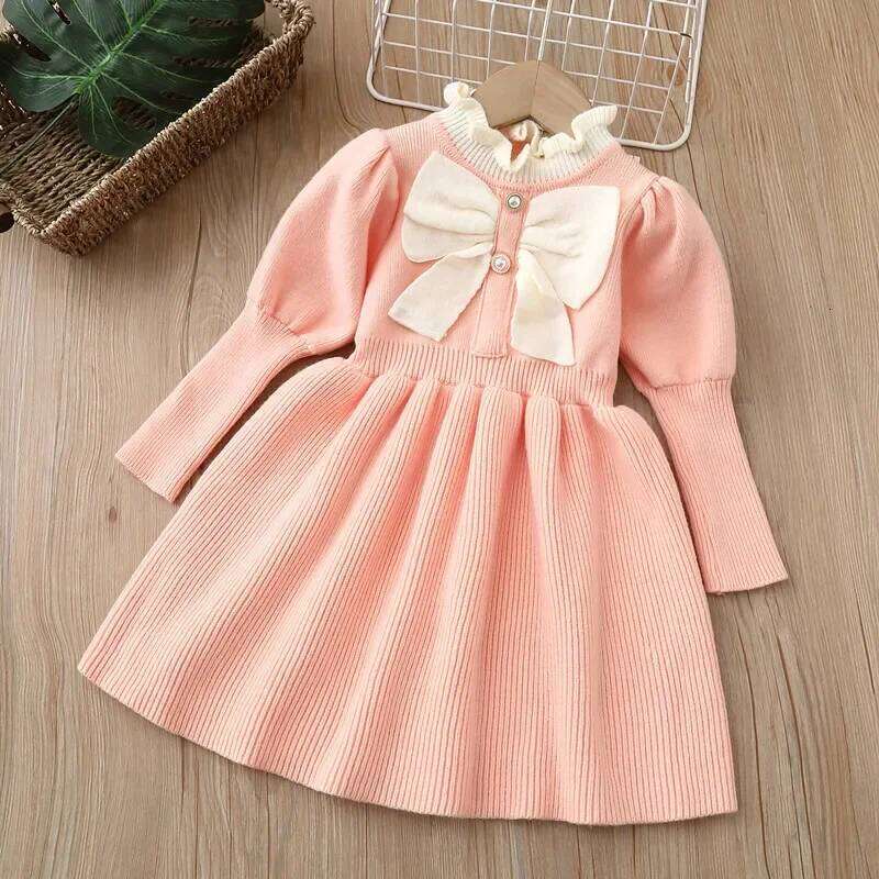 LILIGIRL Big Bow Puff Sleeve Dress Girls, Knitted Pleated Party Dress, Cute Casual Outfit for Baby & Toddler 2-6Y Z260304