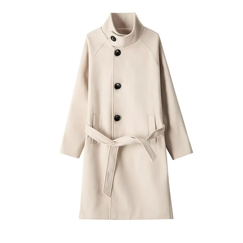 Autumn Winter Mens Wool Trench Coat Mid Length Stand Collar Solid Color Windproof Warm Two Button Outerwear 260302