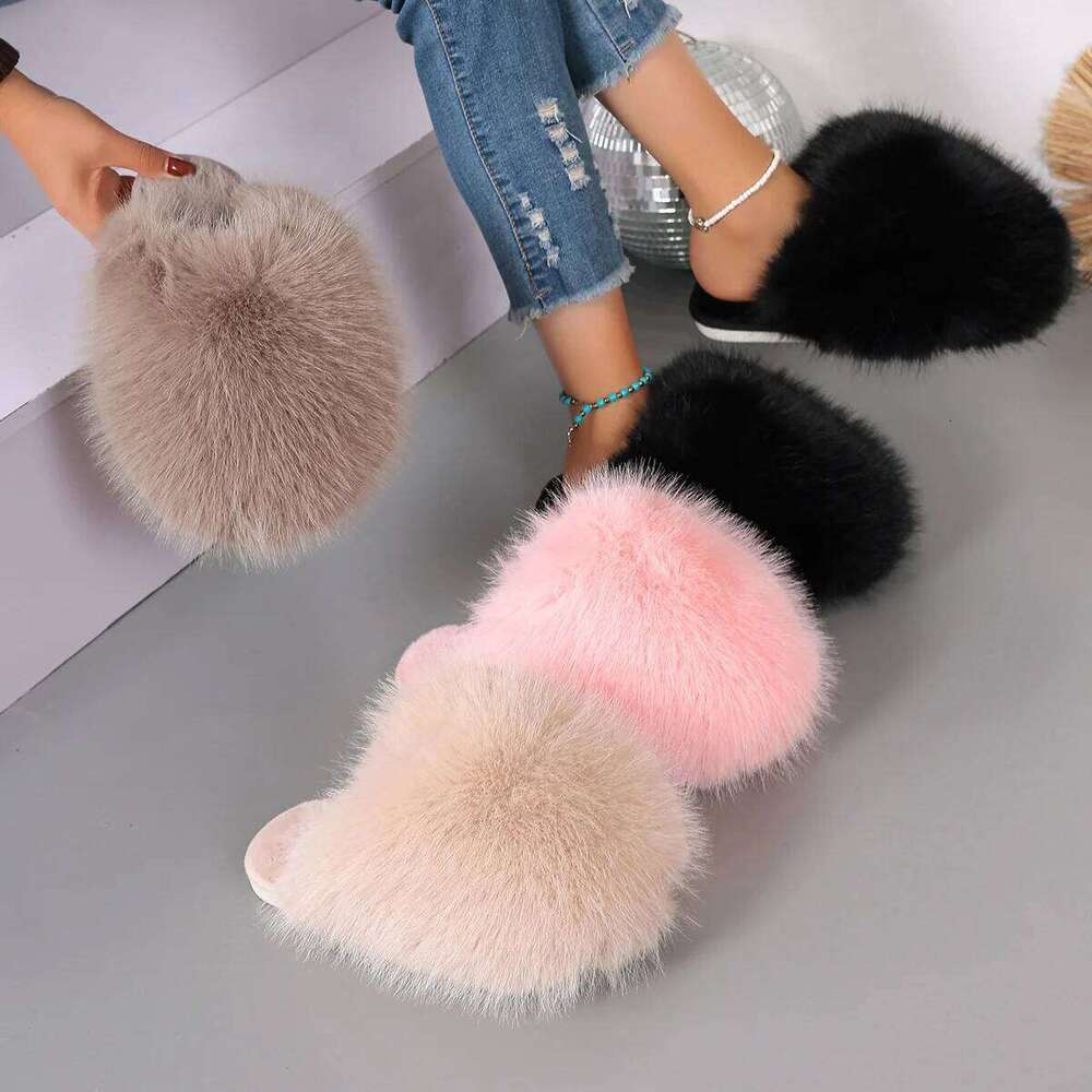 Faux Fur Fluffy Slippers For Women Indoor Street Slides Solid Color Warm Plush Girls Fashion House Shoes Anti-slip Big Size 42
