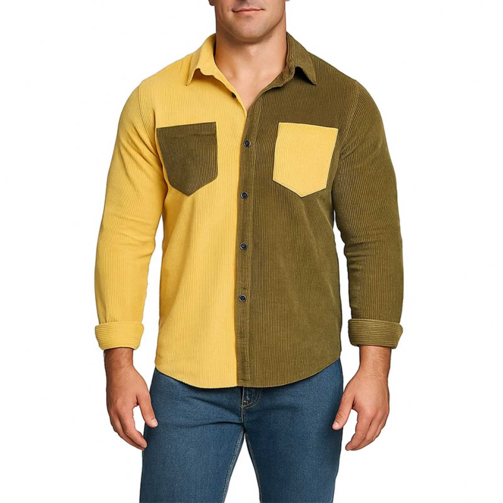 Splicing Color Blocking Lapel Shirt Corduroy Single Breasted Shirt Fashionable And Trendy Long Sleeved Top MenS Casual Shirt M260305
