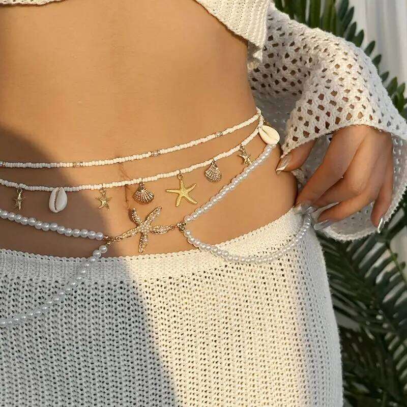 Boho Sexy Fashion Layered Tassel Starfish Waist Belly Women Summer Beach Sea Turtle Conch Shell Pearl Body Chain Jewelry S260304