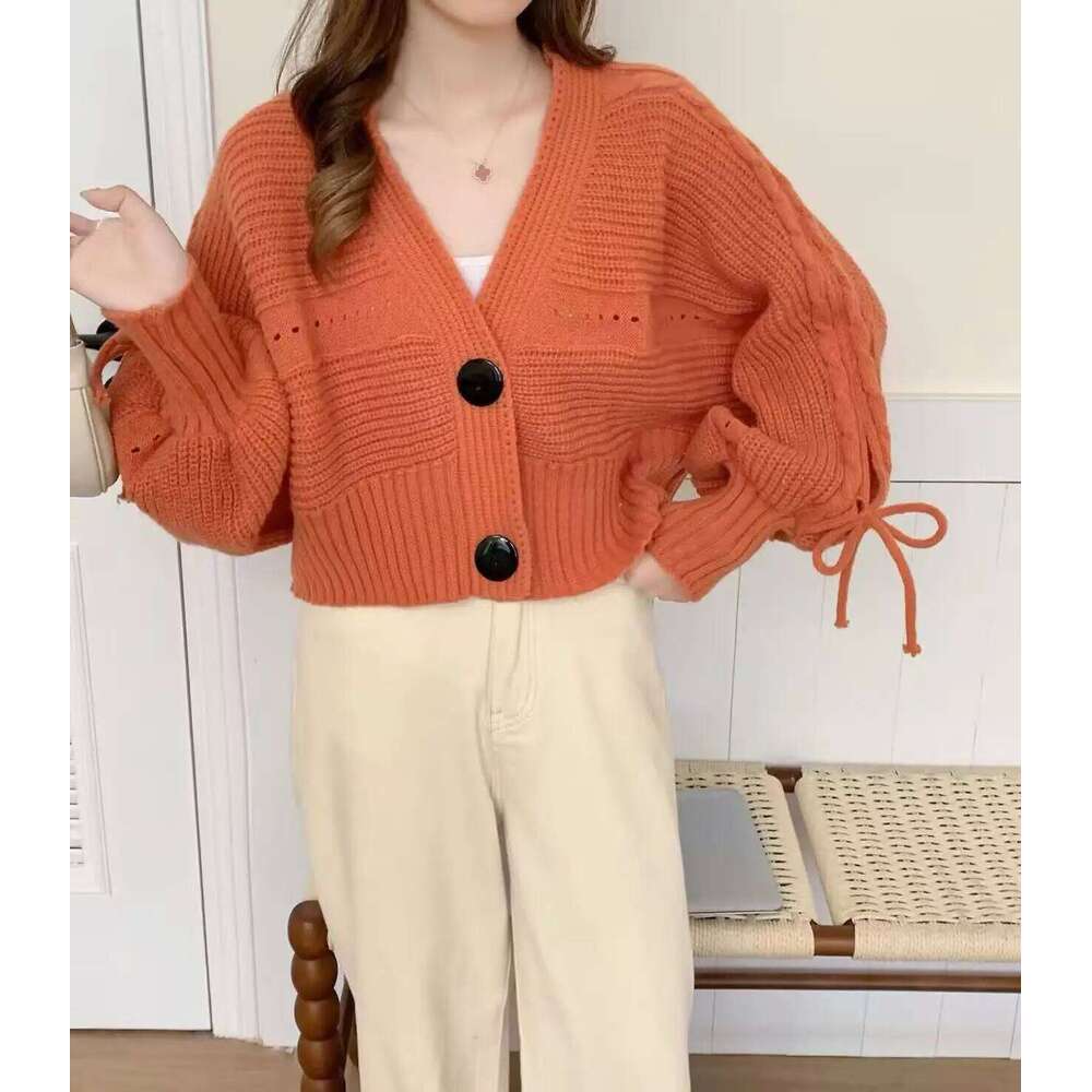 Women's Cardigan Sweater with Bow Decor Big Button V-Neck Crop Knitted Jacket Boxy Fit Korean Fashion Casual Female Fall Winter XJ260305