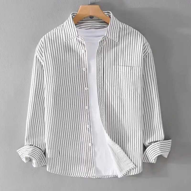 Japanese Striped Mens Long-sleeved Shirt Top Literary Trend Fashionable Casual Versatile Shirt M260305