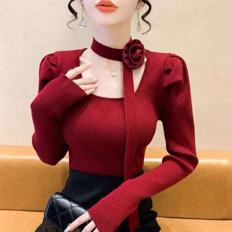 Retro Square Collar Wears Red Sweater for Women's New Style of Royal Sister Showing Off Her Figure Base Shirt Top XJ260305