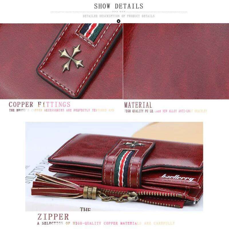 New Pu WOMEN'S wallet with oil wax leather tassels, fashionable three-fold short wallet, multi-slot zipper coin purse C260304