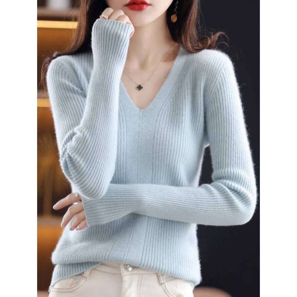 Women Wool V-neck Bottoming Jumpers Solid Autumn Winter Soft Warm Woman Sweater Knitted Basic Slim Pullovers Tops XJ260305