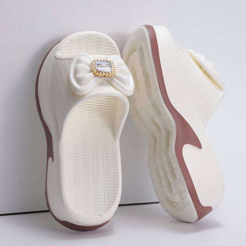 Kidmi Summer New Fashion Thick-soled Slippers 6 CM Round Head Bow Slide EVA High-value Versatile Women High Heels