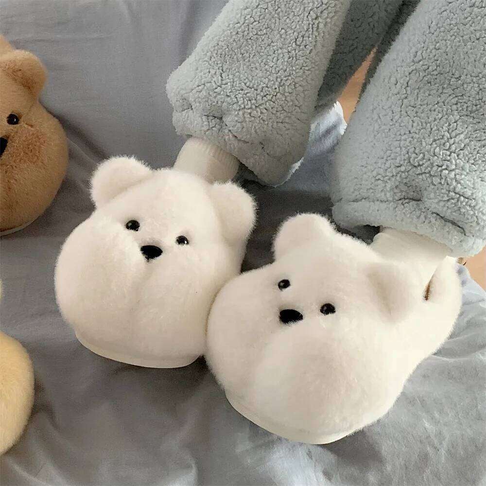 Indoor Furry Slippers For Women Men Cute Cartoon Fat Bear Winter House Shoes Warm Plush Anti-slip Couples Home Cotton Slipper