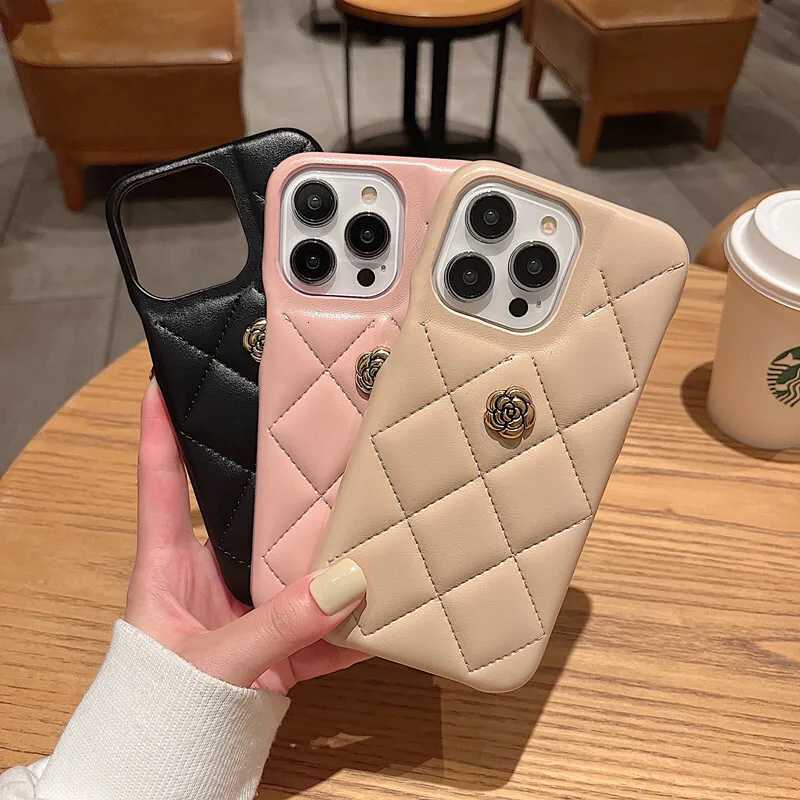Luxury Quilted Leather Phone Case with 3D Metal Camellia For iPhone 17 16 15 14 13 Pro Max Plus | Premium Protective CoverT260305