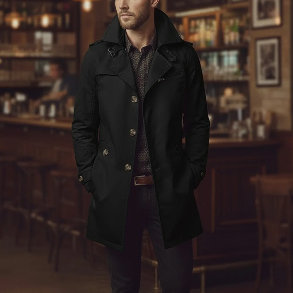 Mens Slim Notched Collar Single Breasted Cotton Jacket Office Casual Business Trench Coat 260302