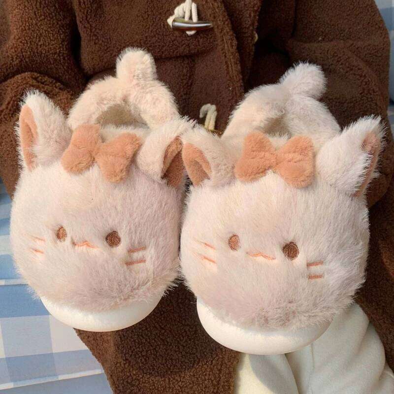 Cute Cartoon Cat Fluffy Slippers For Women Winter House Warm Faux Fur Thick Sole Anti-slip Girls Indoor Cotton Shoes