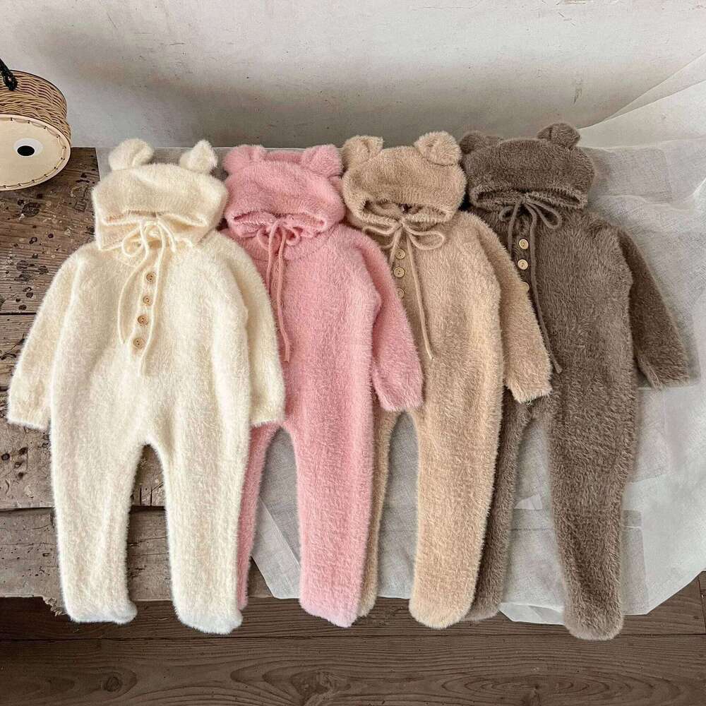 2025 Autumn Winter New in Kids Baby Girls Boys Cute Clothing Set , Toddler Infant Mink Fur Solid Color Footbinding Romper + Hat Z260304