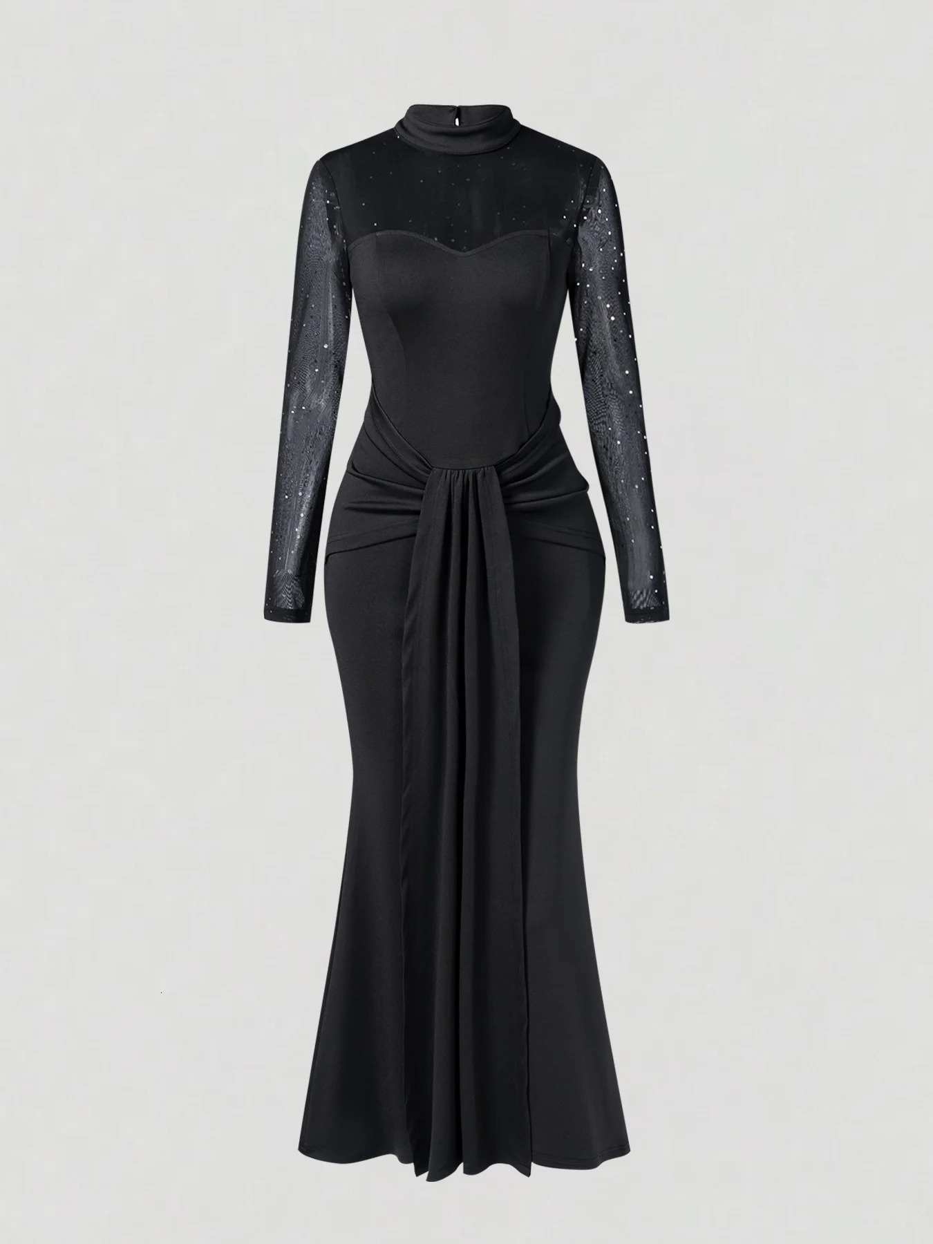Women Mesh Patchwork Rhinestone Ruched Mermaid Maxi Dress Elegant Spring Summer Chic Cocktail Evening Figureflattering Gown 260302