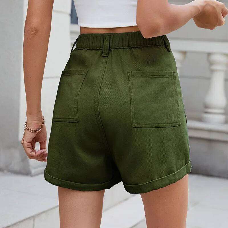 Flap Pocket Cargo Denim Women's Summer High Elastic Waist Matching Casual Rolled Hem Straight Shorts Jeans XJ260305