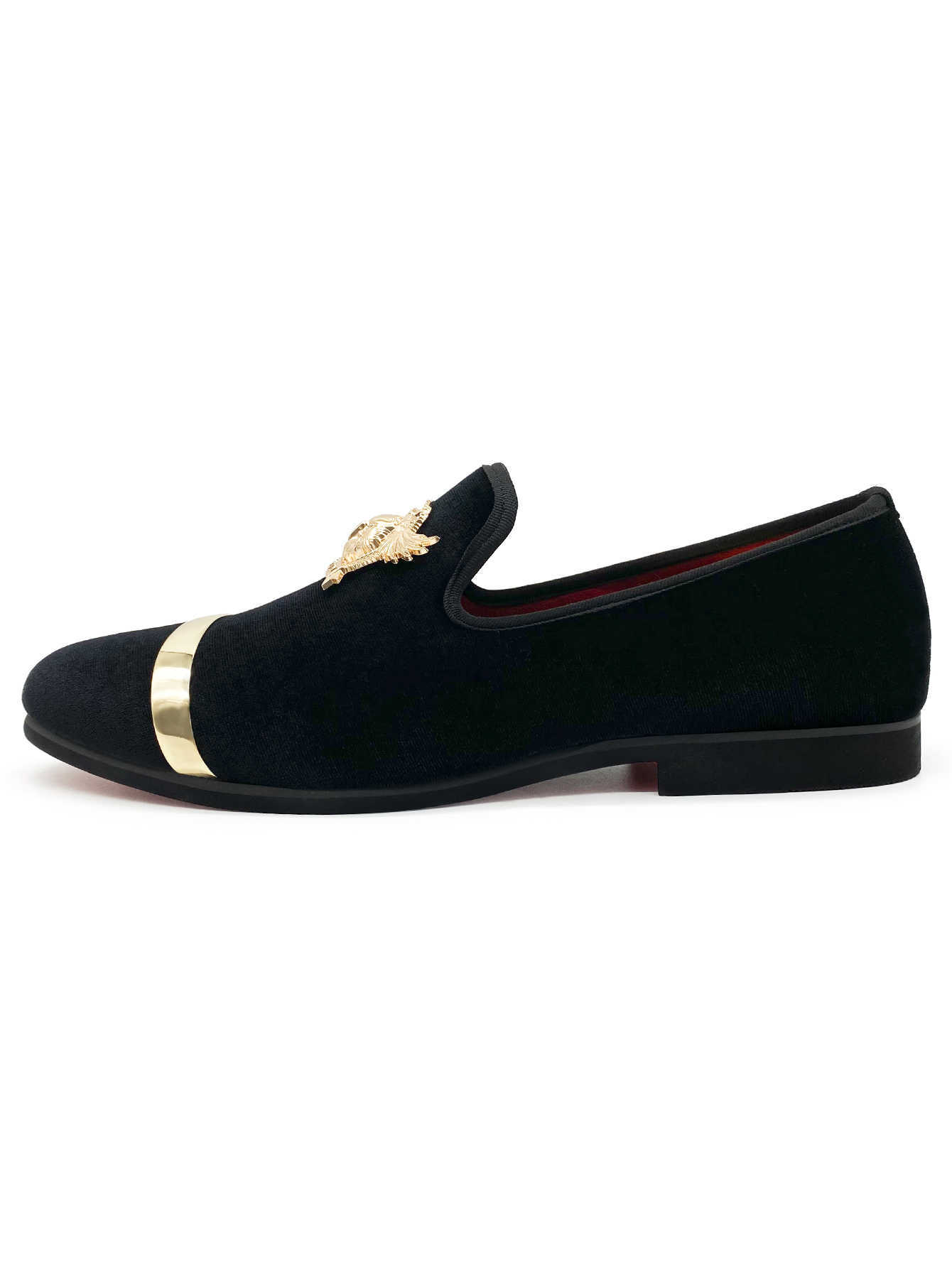 Men's Luxury Black Velvet Loafers Gold Metal Band Eagle Emblem Dress Shoes Fashion Slip-on Smoking Slippers