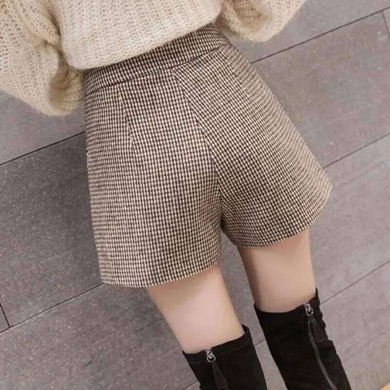 Thicker Houndstooth Shorts Women Autumn Winter New Warm High Waist A-line Vintage Baggy Bottom Korean Fashion Streetwear Chic XJ260305
