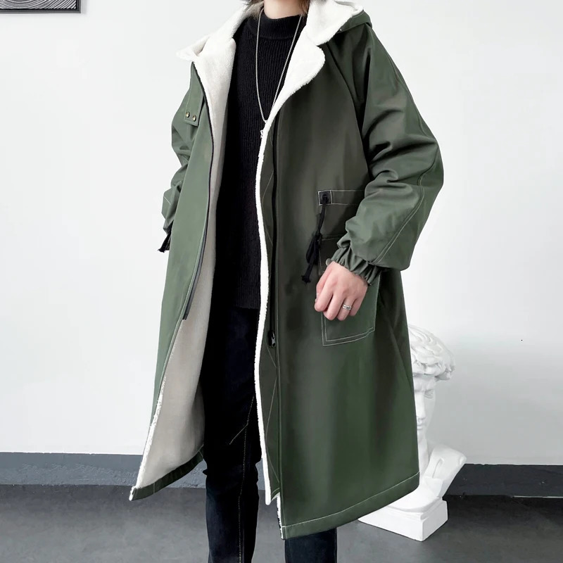 Autumn Men Korean Style Trench Fashion Solid Color Casual Long Coat Male Streetwear Loose Windbreaker Fleece Overcoat 260302