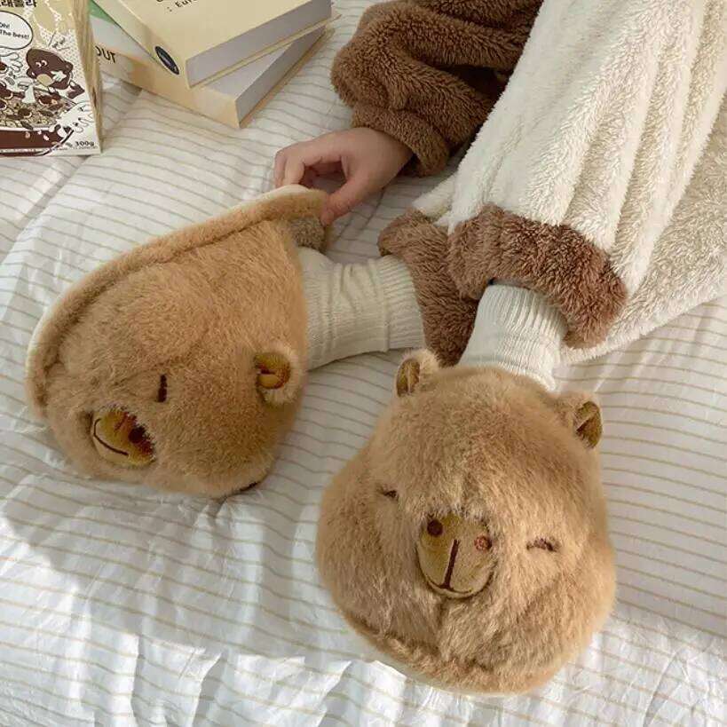 Women Indoor Fluffy Slippers Cute Cartoon Style Autumn Winter House Shoes Warm Plush Anti-slip Female Home Floor Cotton Slides