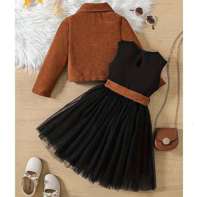 New Autumn Girls Clothing Set Full Sleeve Fashion Short Corduroy Jacket + Dress 2Pcs Outfit For Kids Children Birthday Present Z260304