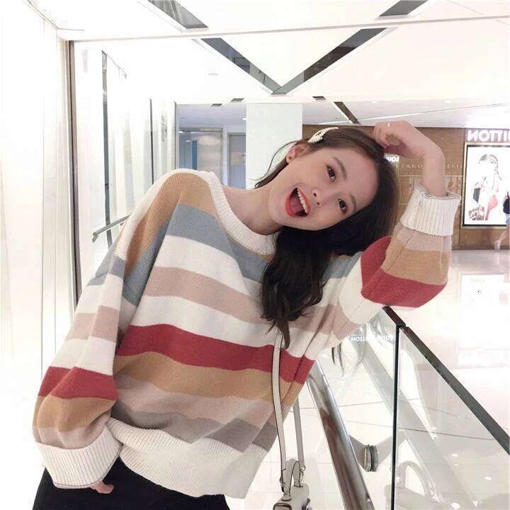 Multicolor Striped Pullovers Women Long Sleeve Crew Neck Rainbow Knitted Sweater Cozy Jumper Fall Winter Ladies Casual Outfit XJ260305