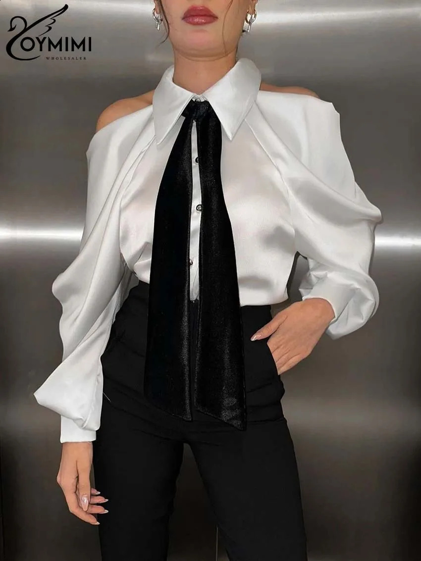 Oymimi Elegant White Patchwork Womens Shirt Fashion Lapel Long Sleeve Shirts Casual Necktie Off The Shoulder Button Blouses 260228