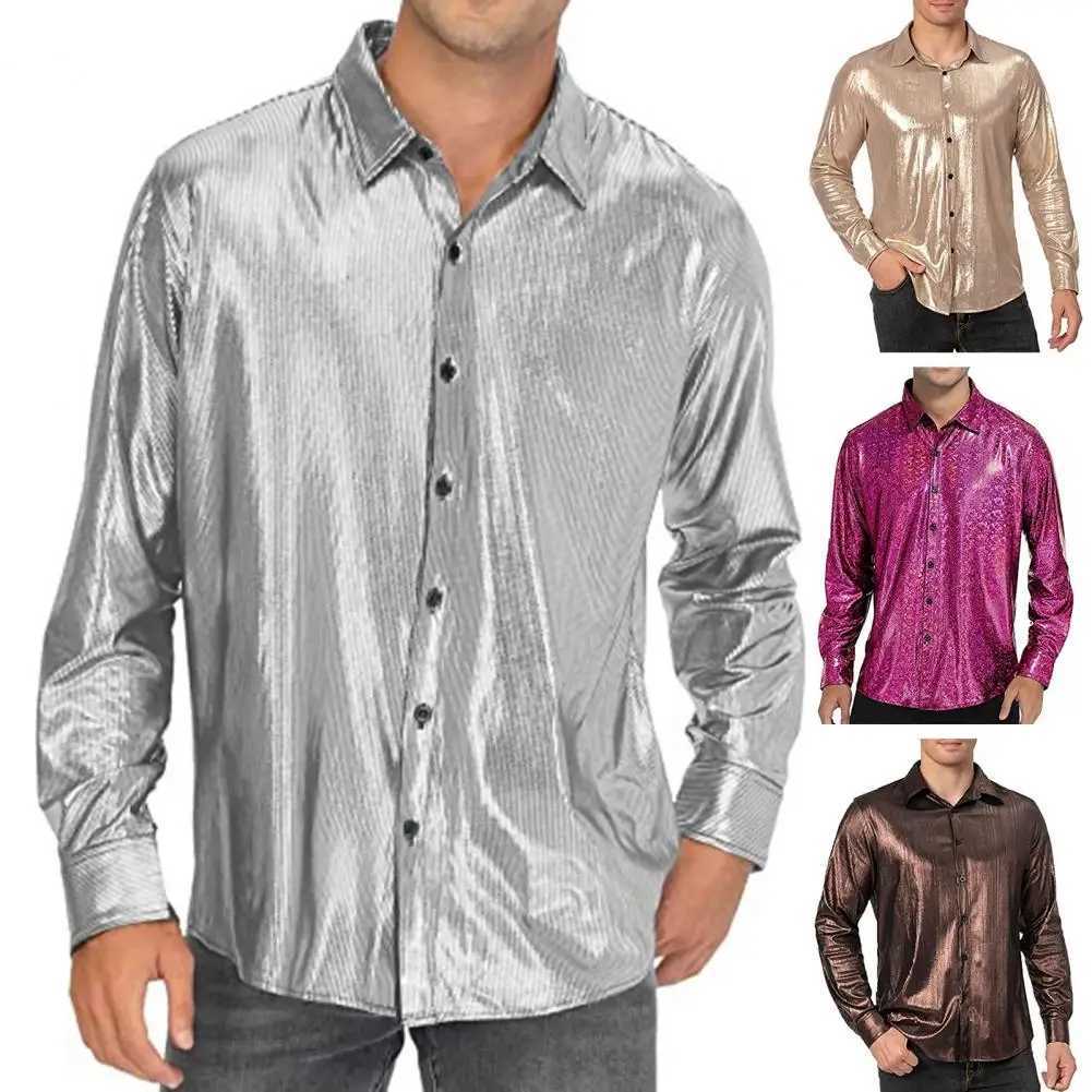 2025 Shirt Men Button Metallic Disco Shirt 70s Costume Men Gold Shirts For 70s Party Nightclub Wear Music Festival Mens Top M260305