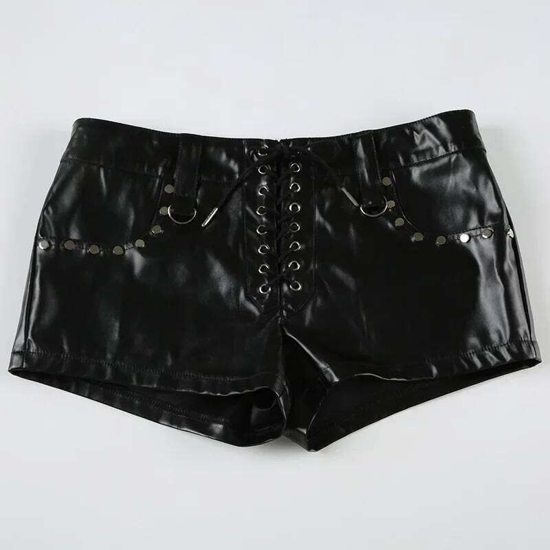 American Street Women Sexy Rivet Low Waist Hip Wrap Skinny Leather Lace Up Booty Shorts XJ260305