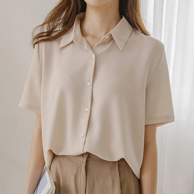 Classic Solid Color Short Sleeve Shirt Women Simple Single Breasted Casual Tops for Woman Summer Elegant White Button Up 260228