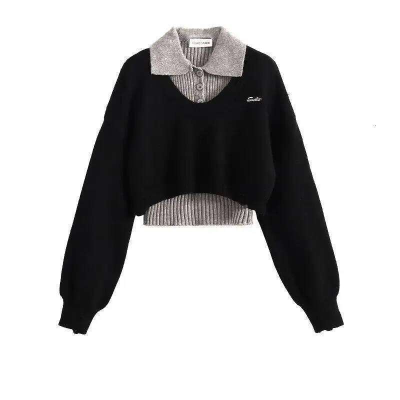 American Style Short Women's Autumn Winter Wear Two-Piece Set Knitted Sweater And Vest Top outfit knitted Pullover Shirt XJ260305