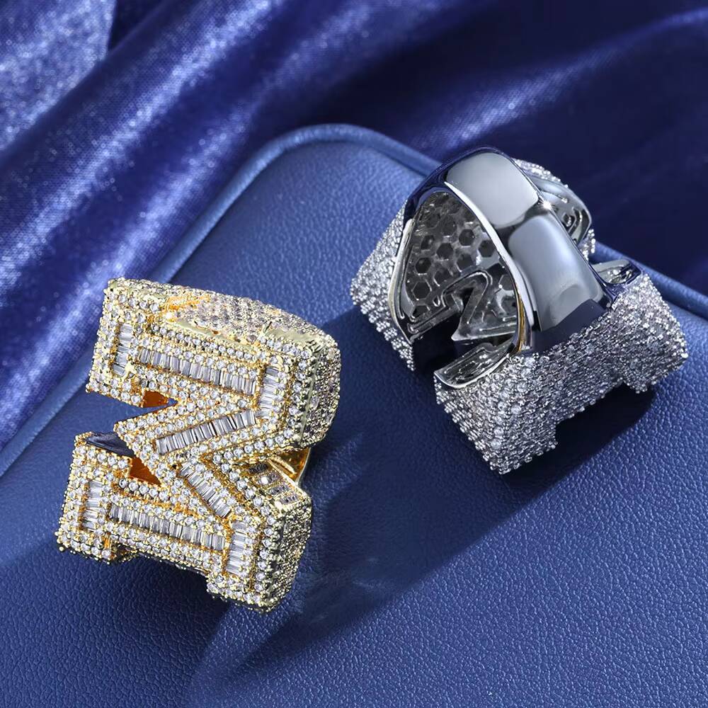 Iced Out Hiphop M Letter Micro Pave Baguette White MoissaniteVVS Gold Plated Ring Fine Jewelry for Men