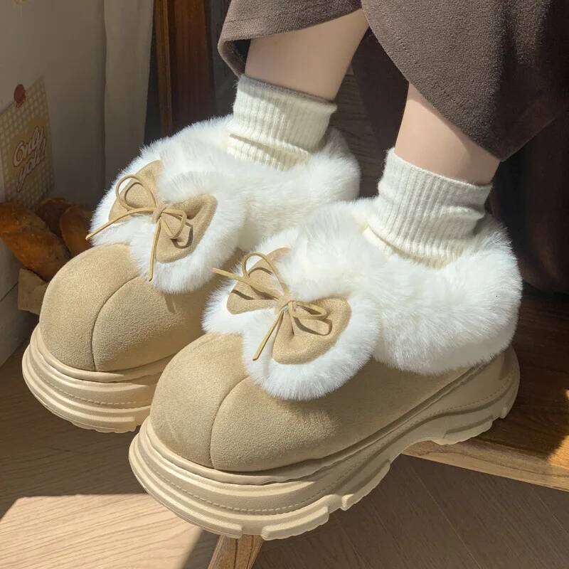 Warm Faux Fur Fluffy Slippers For Women Winter Platform Shoes Soft Plush Thick Sole Cute Bow Girls Indoor Street Snow Boots