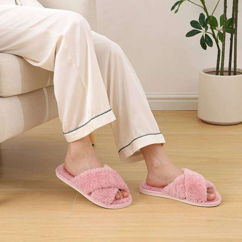 Kidmi New Women's Plush Slippers Winter Fashion Slipper Cherry Velvet Cross Seam Style Bedroom Slides Comfortable House slippers