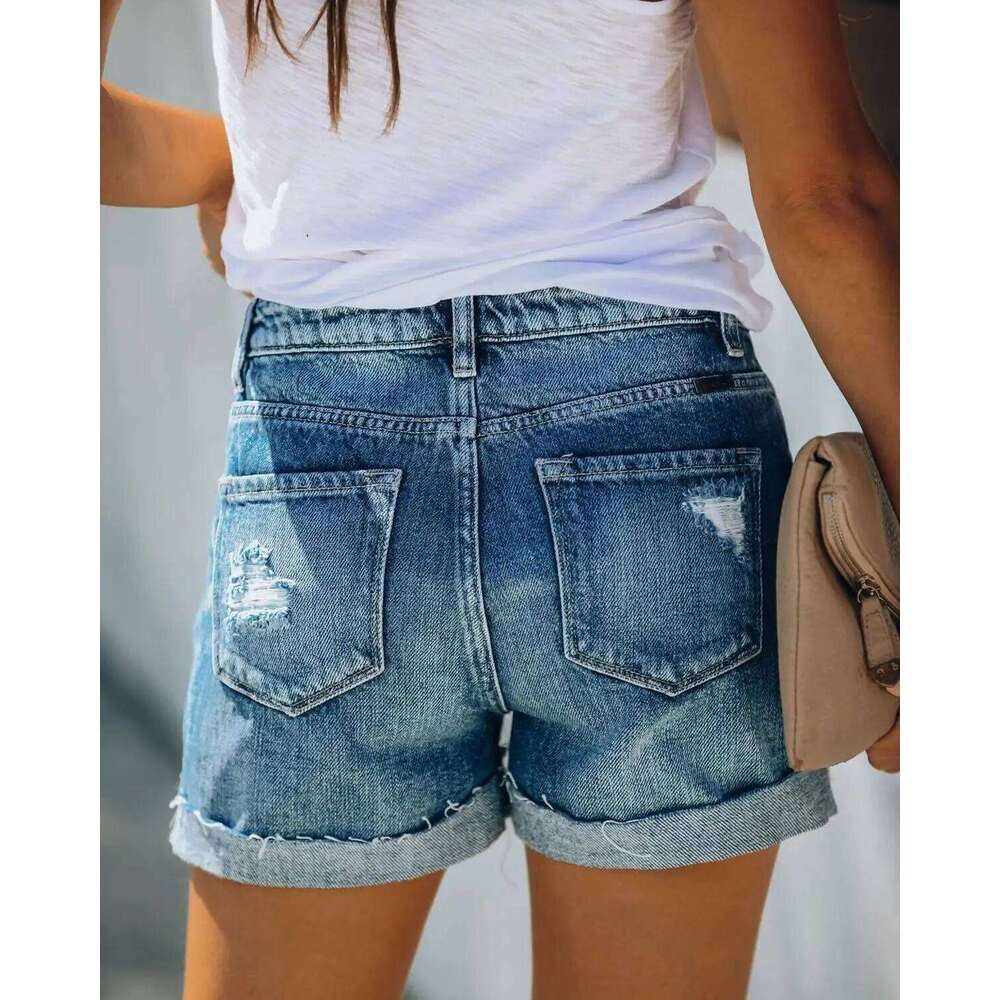 Hot sale woman summer denim casual high waist curled jeans fashion Ripped shorts XS-XL Drop shipping XJ260305
