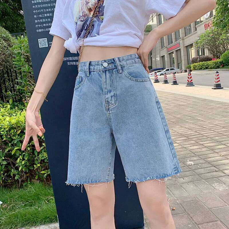 Mid-length Style Jeans,Women's New Summer Thin Casual Loose Wide-leg Pants.Stylish Rough Selvedge High Waist Ripped Short Jeans XJ260305